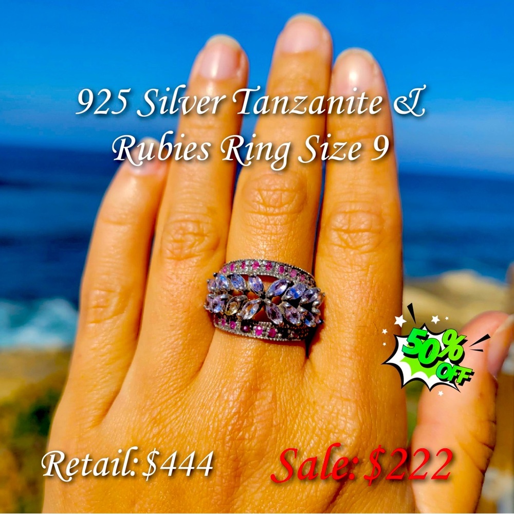 925 Sterling Silver Tanzanite & Rubies ring! Size 9